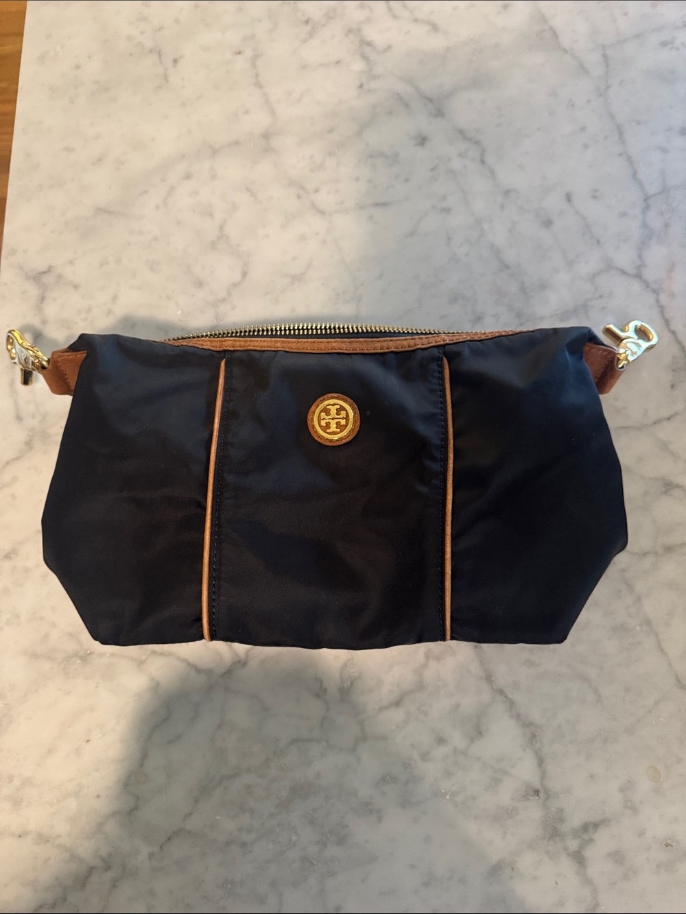 Tory Burch black Nylon Cosmetic Pouch with Tan Trim